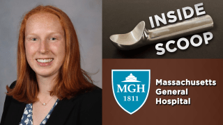 A head shot of Lauren Gulbicki is on the left, the Inside Scoop logo (a silver ice cream scoop flanked by the words "INSIDE SCOOP") is at the top right, with the Mass General Hospital logo (a blue shield containing a white building with the letters MGH and the year 1811 below) is bottom center, and the words Massachusetts General Hospital are to the right of the logo.