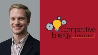 A head shot of Zack Hallock is on the left; the Competitive Energy Services logo, consisting of several gray gears around a yellow light bulb with the words Competitive Energy Services on a red background, is on the right.
