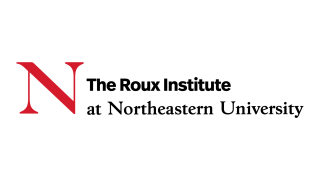A large red "N" at the left flanks black text that reads "The Roux Institute" on one line and "At Northeastern University" on a second line below the first.