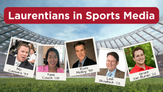With a stadium as a backdrop, a banner reads "Laurentians in Sports Media" across the top, with portraits resembling Polaroid pictures of five individuals, labeled as Mo Cassara '97, Tami Couch '08, Ross Molloy '98, Leif Skodnick '02 and Grant Van Buren '22, laid out from left to right.