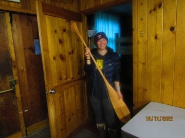 Abbi poses with her beautiful (and complete) paddle! That is one experienced woodworker!
