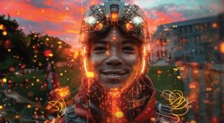 A futuristic, AI generated image of a smiling person wearing a high-tech helmet with glowing orange and red lights. The background features a sunset with warm colors, blending with the digital effects of the helmet, creating a sci-fi atmosphere.