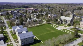 Drone image of campus in spring