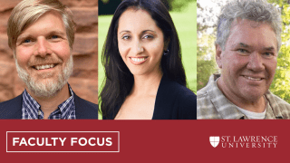 A collage featuring Jeff Frank, Anna Fahr, and Jon Rosales. There is a scarlet bar across the bottom of the image with text that reads, Faculty Focus and Saint Lawrence University.