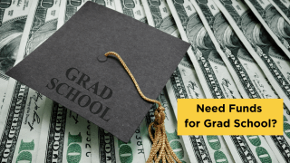 Need Funds for Grad School? A graduation cap that says "Grad School" sitting on a stack of $100 bills