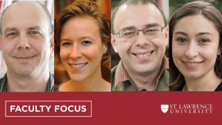 A collage featuring Howard Eissenstat, Allison Rowland, Serge Onyper, and Sahar Milani. Text at the bottom reads, faculty focus Saint Lawrence University.