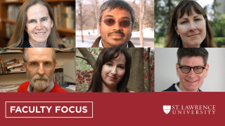 A collage of Cynthia Bansak, Jayantha Jayman, Alison Jenkins Jayman, Joseph Jockel, Gisele El Khoury, and Neil Forkey. Text at the bottom reads Faculty Focus, Saint Lawrence University.