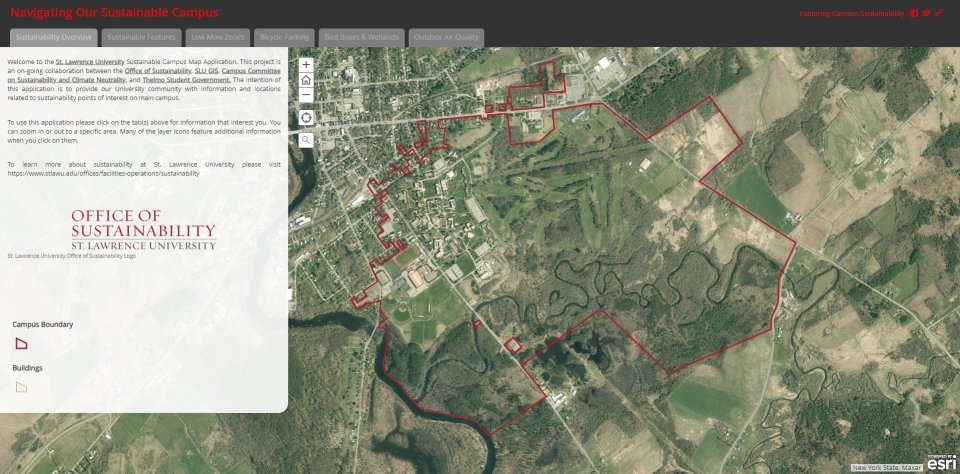 Screen capture of an ArcGIS webmap showing sustainable features on campus.