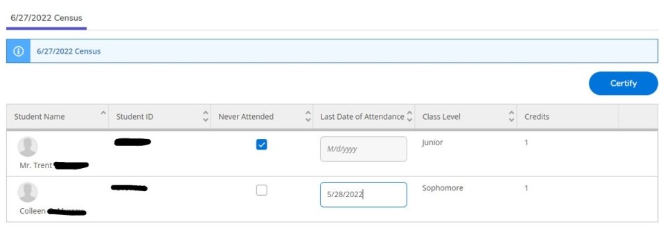 Screenshot of an example course roster with the blue "Certify" button available in the top right hand corner.