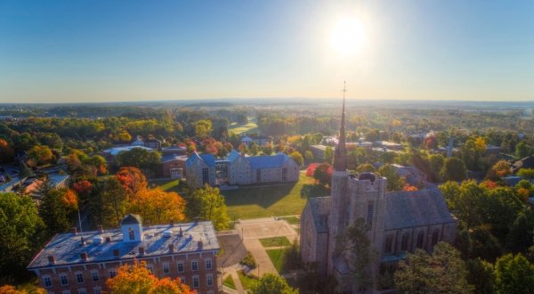 Aerial view of the Saint Lawrence University campus on a sunny fall day. 