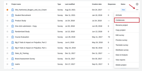 A screen capture showing where to find the Collaborate option using the ellipses icon next to a survey.