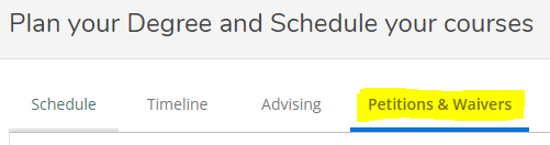 Screen shot showing the tab options in APR2 with "Petitions & Waivers" highlighted