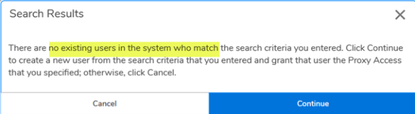 Dialog box stating that no existing user has been found