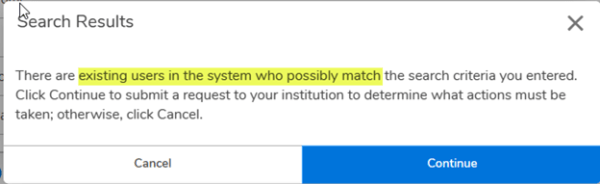 Dialog box showing that a possible match to an existing user has been found.