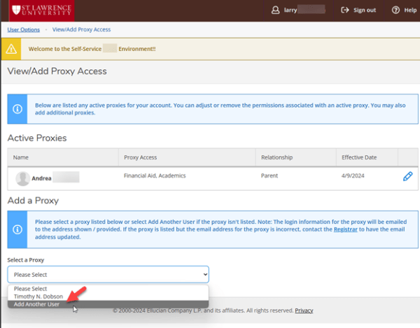 Screenshot of the select a proxy drop down menu in APR2 with "Add Another User" highlighted