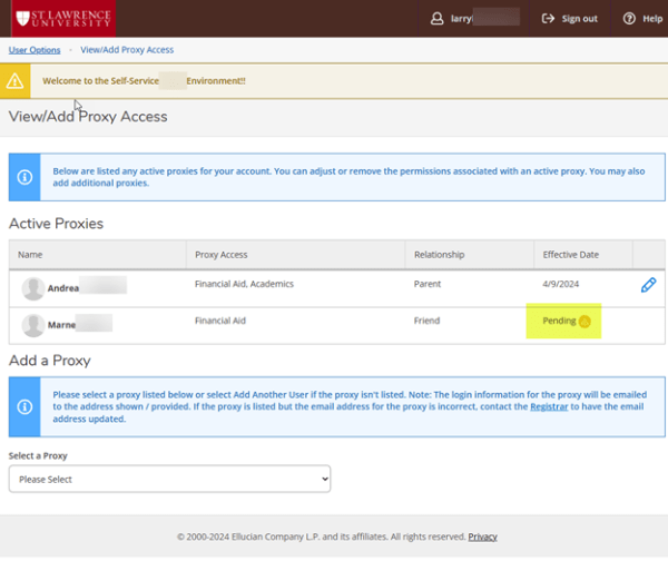 Screenshot of the "View/Add Proxy Access" page on APR2 highlighting that possible matches to existing users will be marked as pending under the effective date column.