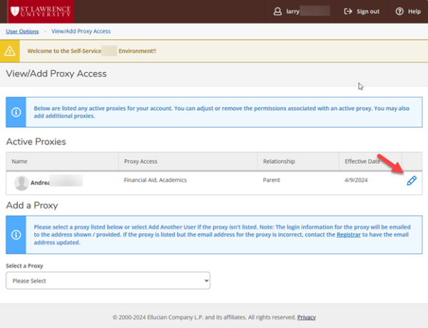 Screenshot of the "View/Add Proxy Access" Page on APR2 highlight the edit option for existing proxy users.