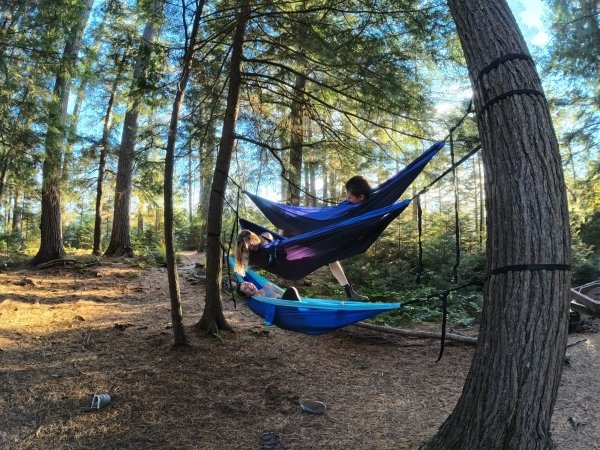 Arcadians lounging and laughing in the hammocks.