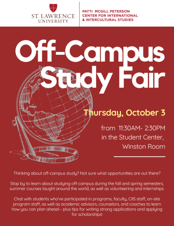 A red poster with a white globe containing the details of the off-campus study fair including date, time, and location