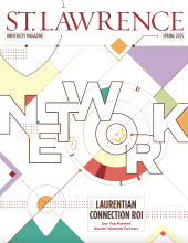 Cover of the Spring 2025 issue of Saint Lawrence University Magazine featuring the word “NETWORK” in large, outlined letters with colorful geometric shapes. A subheading reads “LAURENTIAN CONNECTION ROI: Our Top-Ranked Alumni Network Delivers.” The design is abstract with lines, circles, and map-like symbols.